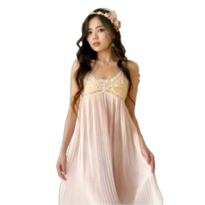 Y2K Vintage Pleated Plisse Slip Gown Maxi Strap Dress Sheer Blush Pink Lace XL